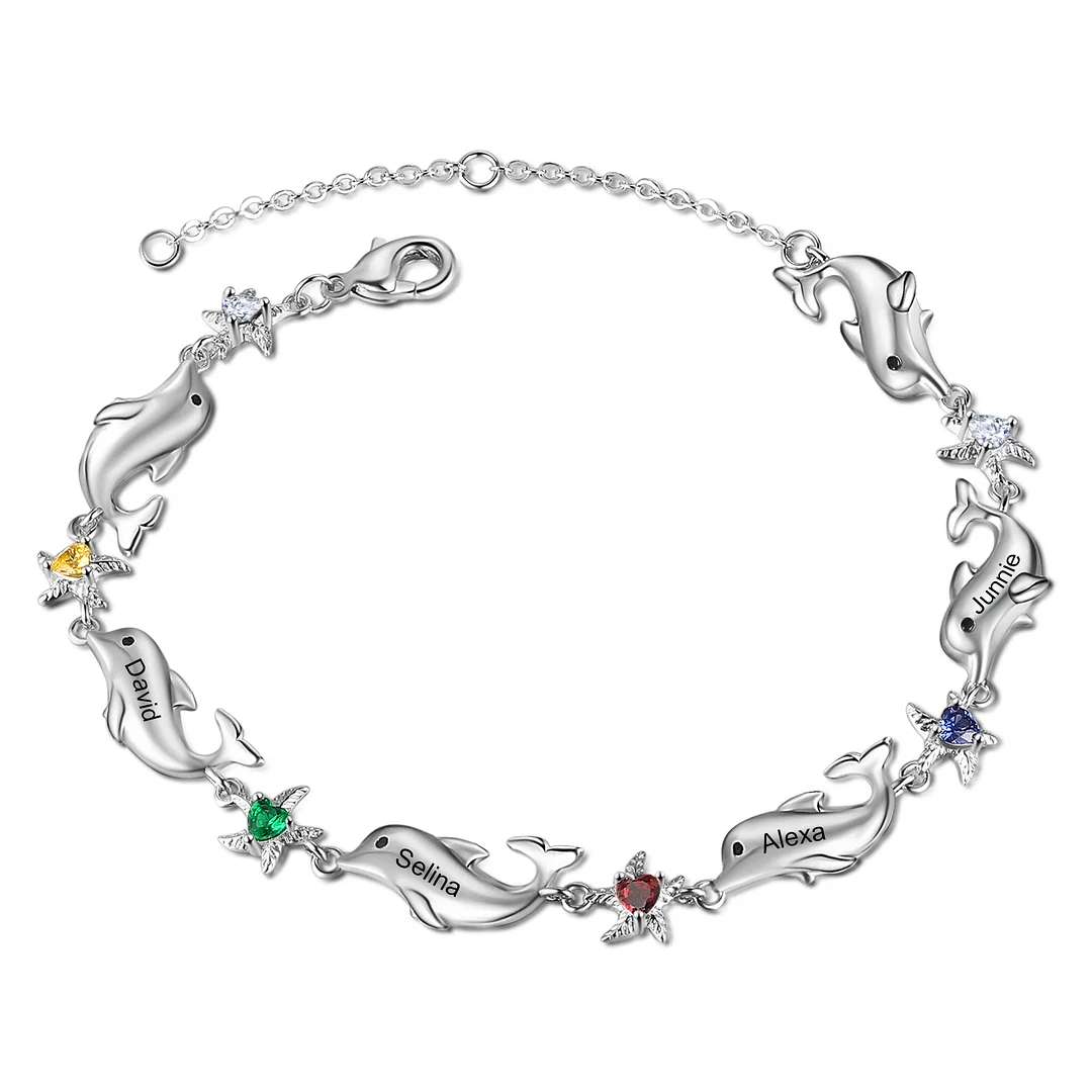 Dolphin Starfish Bracelet Personalized 4 Birthstones Names Women Bracelet