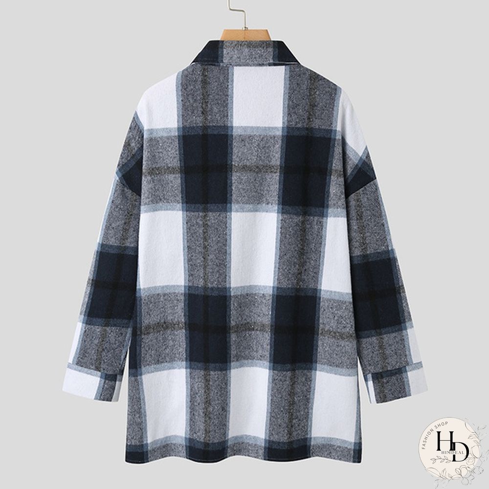 Women Plaid Long Sleeve Jacket Coat Spring Autumn Elegant Button Shirt Plus Size Coat Tops