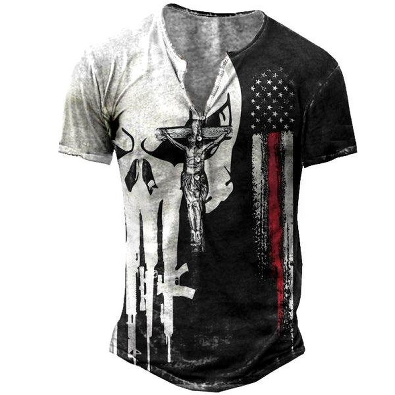 Men's Vintage Printed Freedom Short Sleeve Henley T-Shirt
