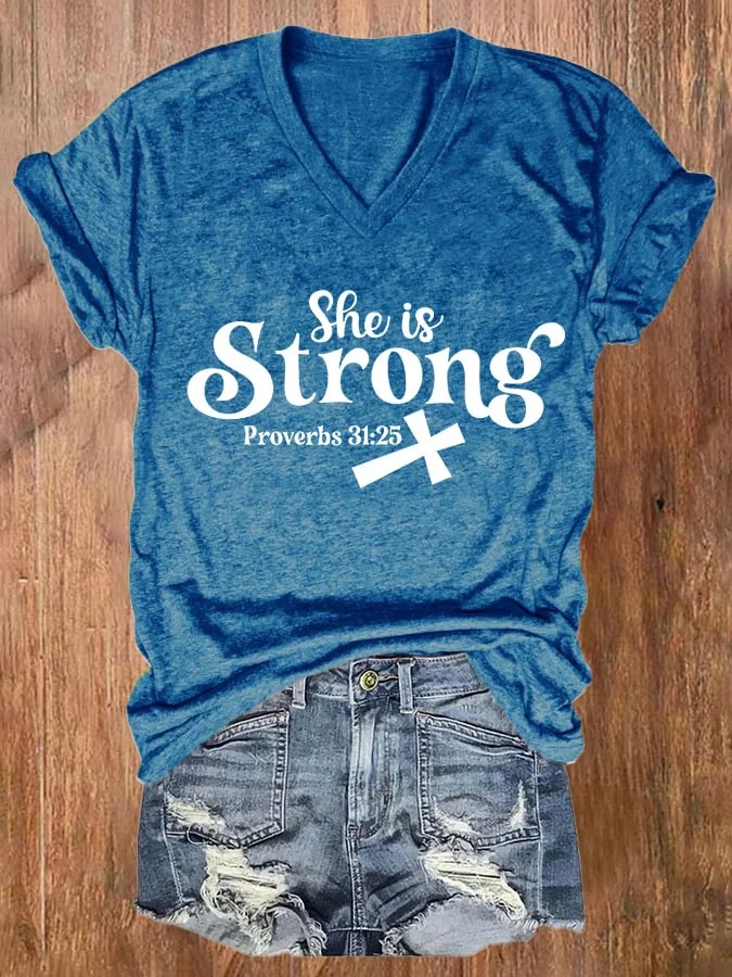Women's She Is Strong Cross Print V-Neck Casual T-Shirt
