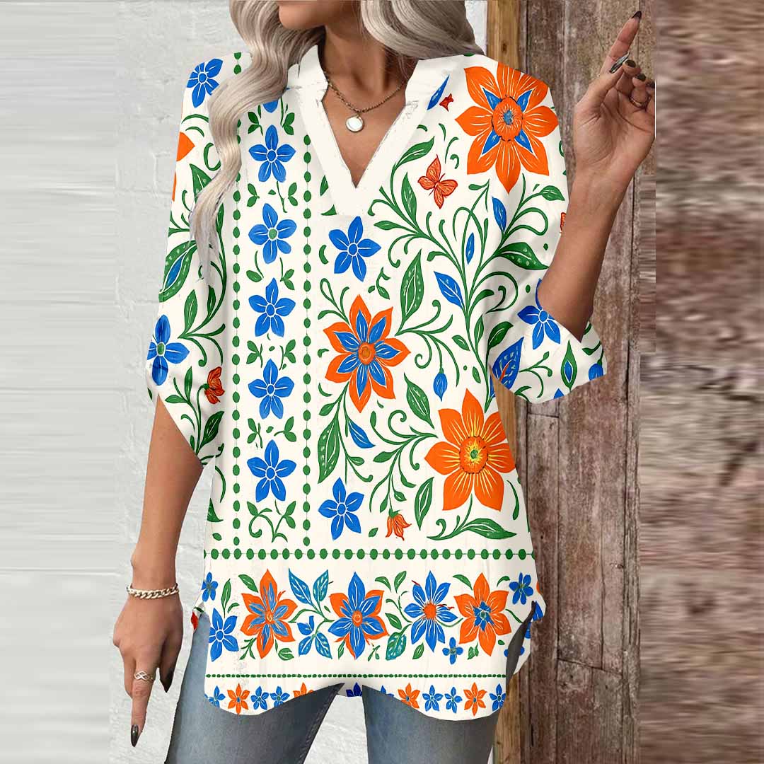Women Tropical, Floral, Blue DZGA0088 3/4 Sleeve V-neck Printed Graphic Button Tops