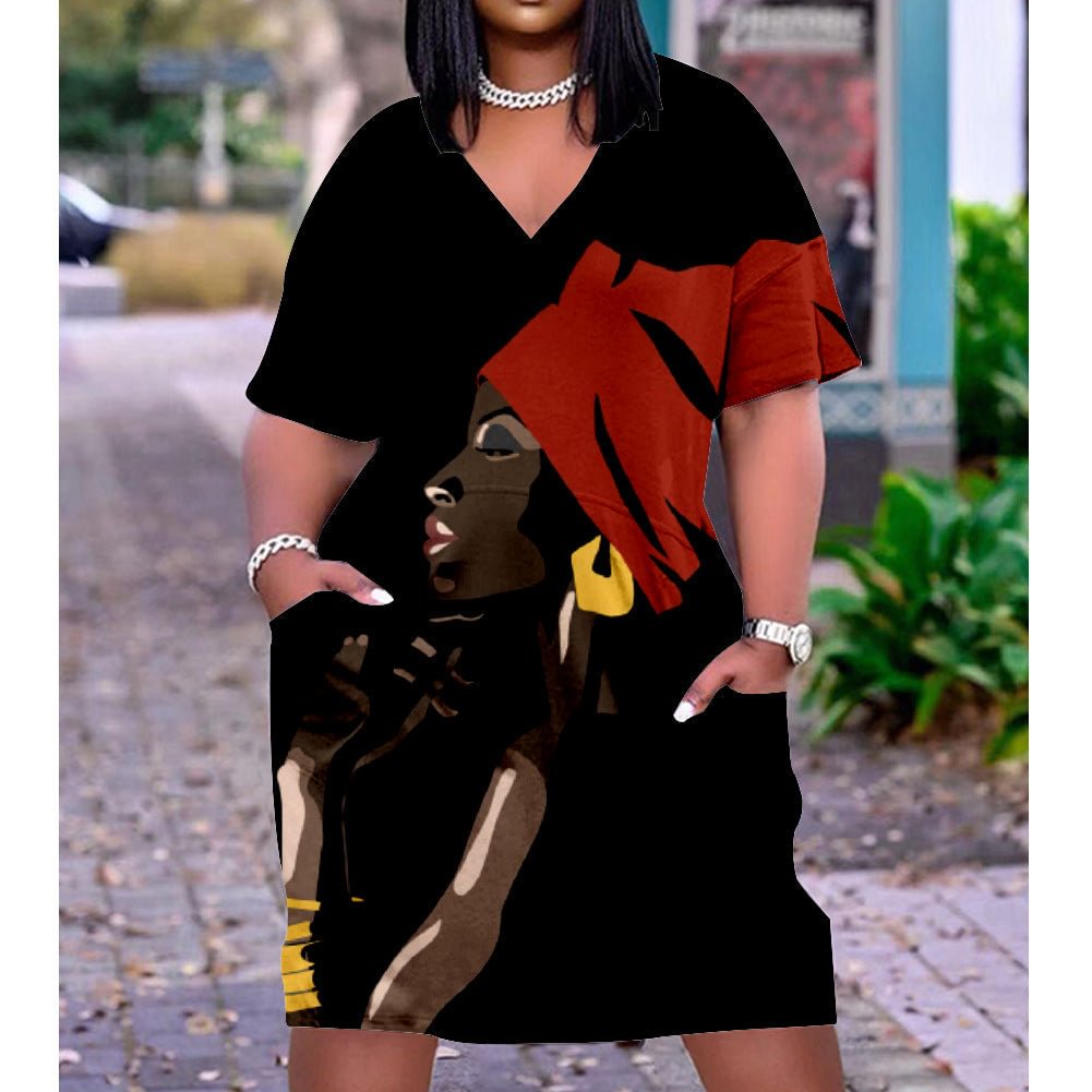 3D printed loose plus size v-neck mid-sleeve dress