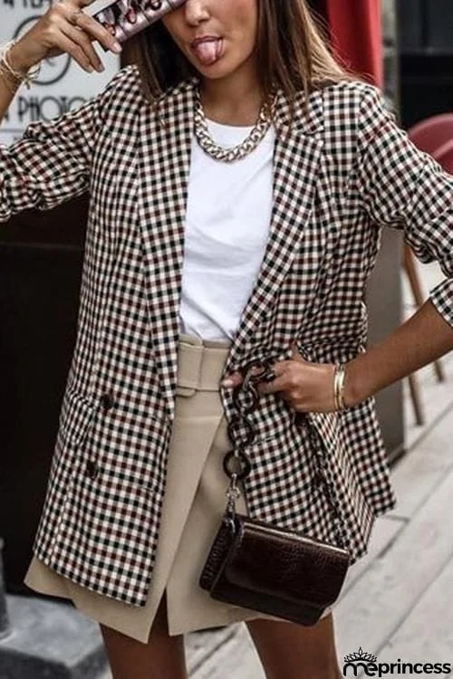 Plaid Button Long Sleeve Blazer