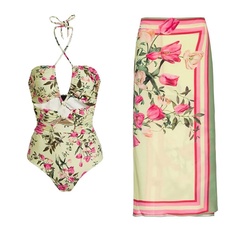 Flaxmaker Cutout Floral Printed One Piece Swimsuit and Sarong