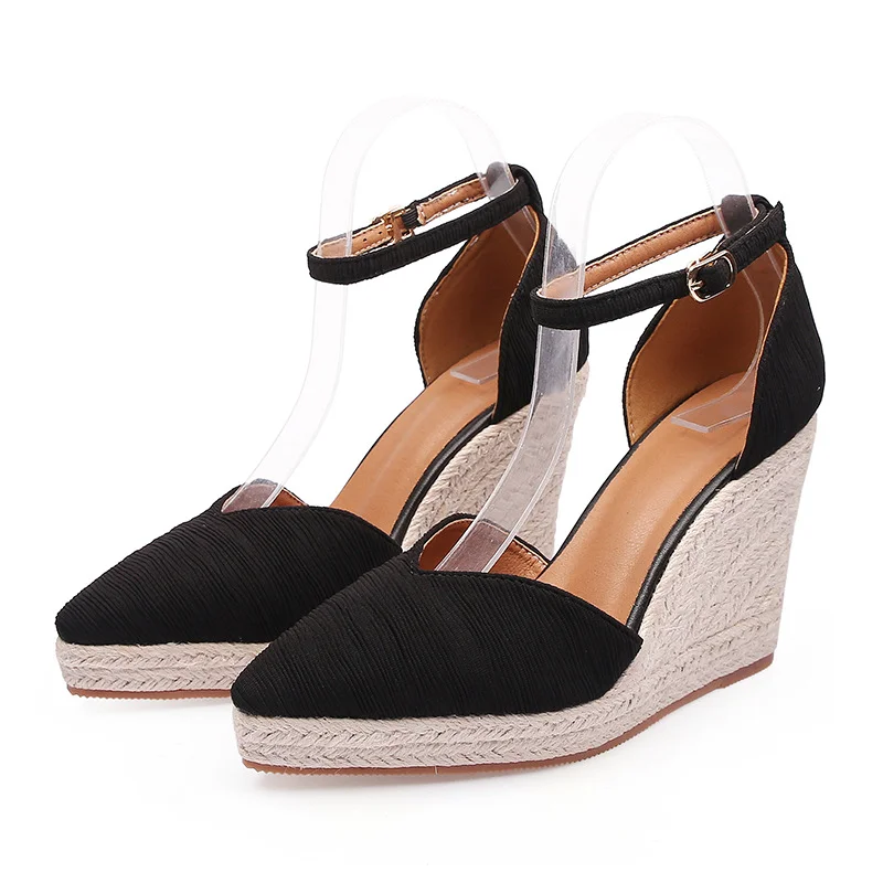 Wongn Wongn New Pointed Toe Slope Platform High Heel Sandals Hollow Shoes With Buckle Straw Hemp Rope Bottom