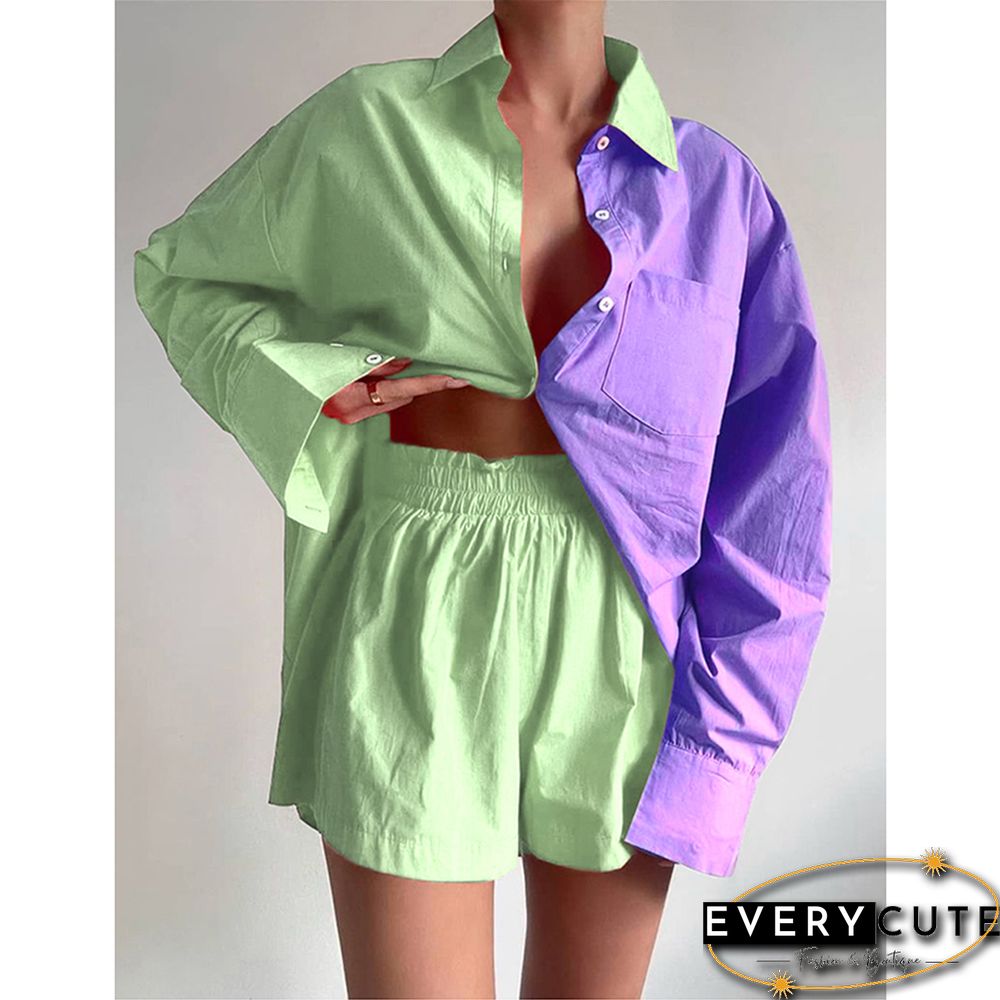 Purple Contrast Button Pocket Shirt and Short Lounge Set