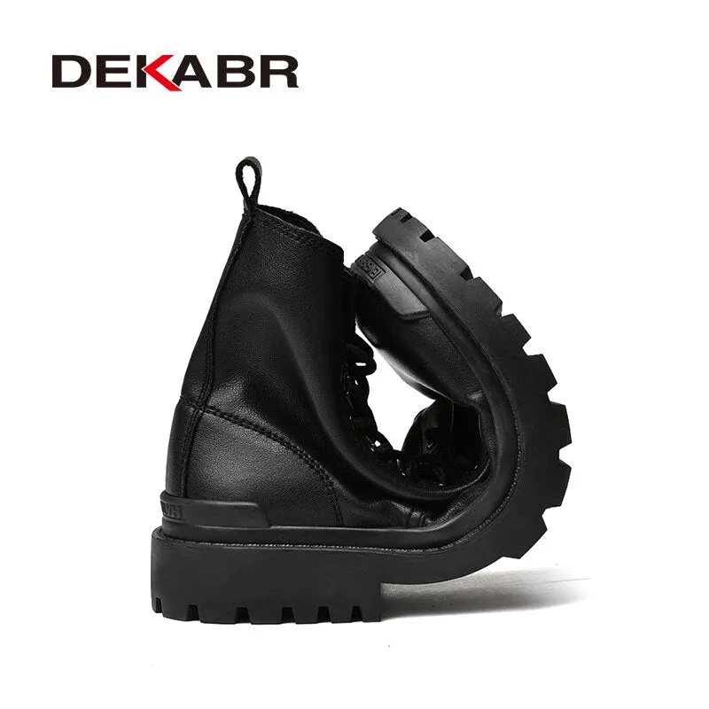 DEKABR Warm Winter Ankle Boots Men Casual Genuine Leather Shoes Lace-Up Platform Waterproof Work Mens Boots Military Army Boots