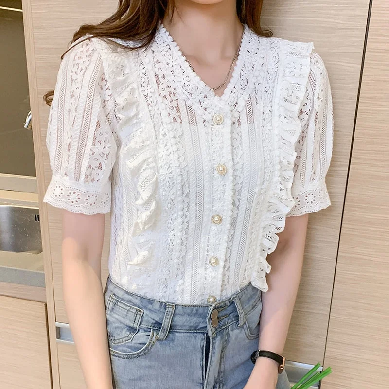 2021 New Fashion Lace Crochet Tops Summer V-neck Short Sleeve Hollow White Blouse Women Ruffle Casual Shirt Clothes Blusas 13990