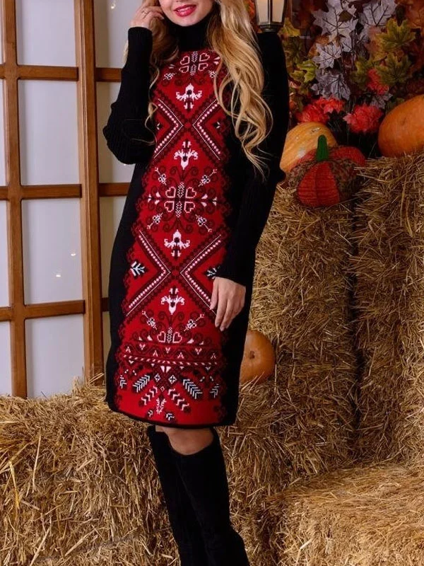 High neck vintage embroidery ladies knitted dress