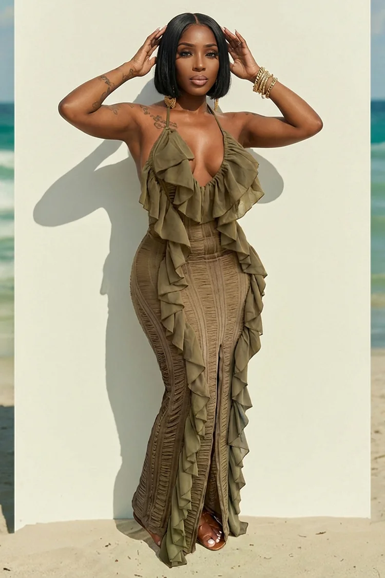 Halter Backless Ruffle Trim Slit Slim Fit Maxi Dresses-Green [Pre Order]
