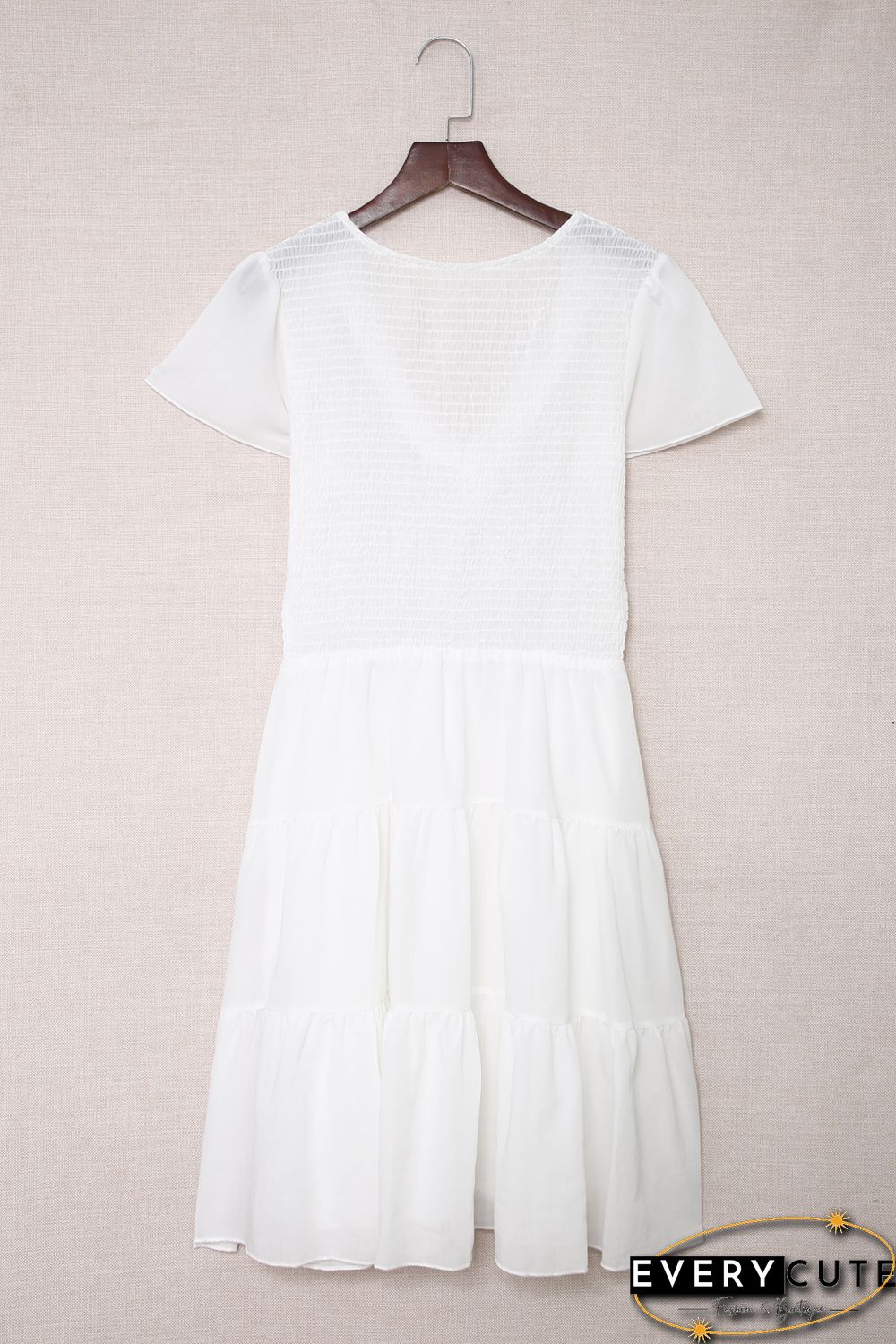 White Solid Smocked Short Sleeve V Neck Mini Dress