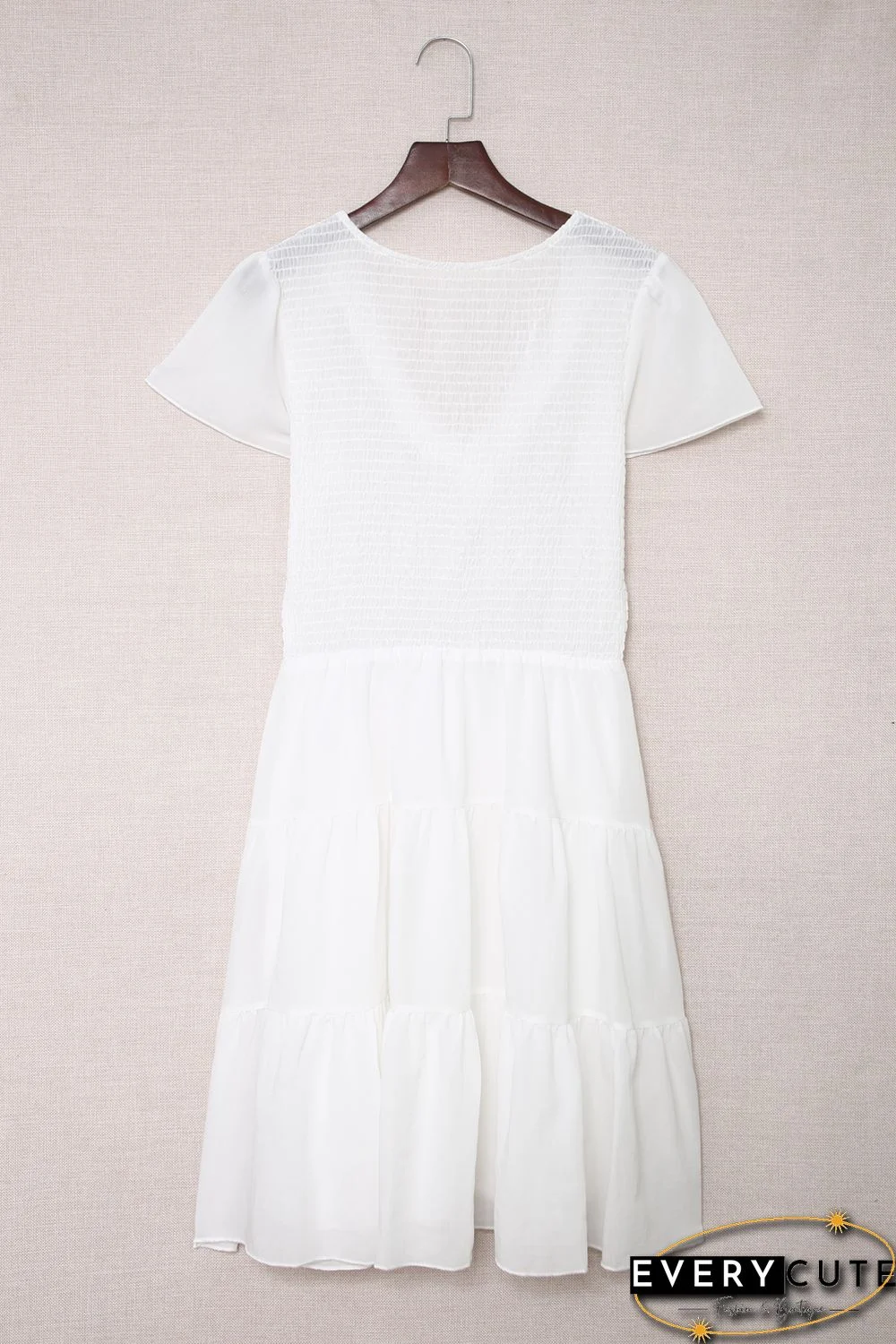 White Solid Smocked Short Sleeve V Neck Mini Dress