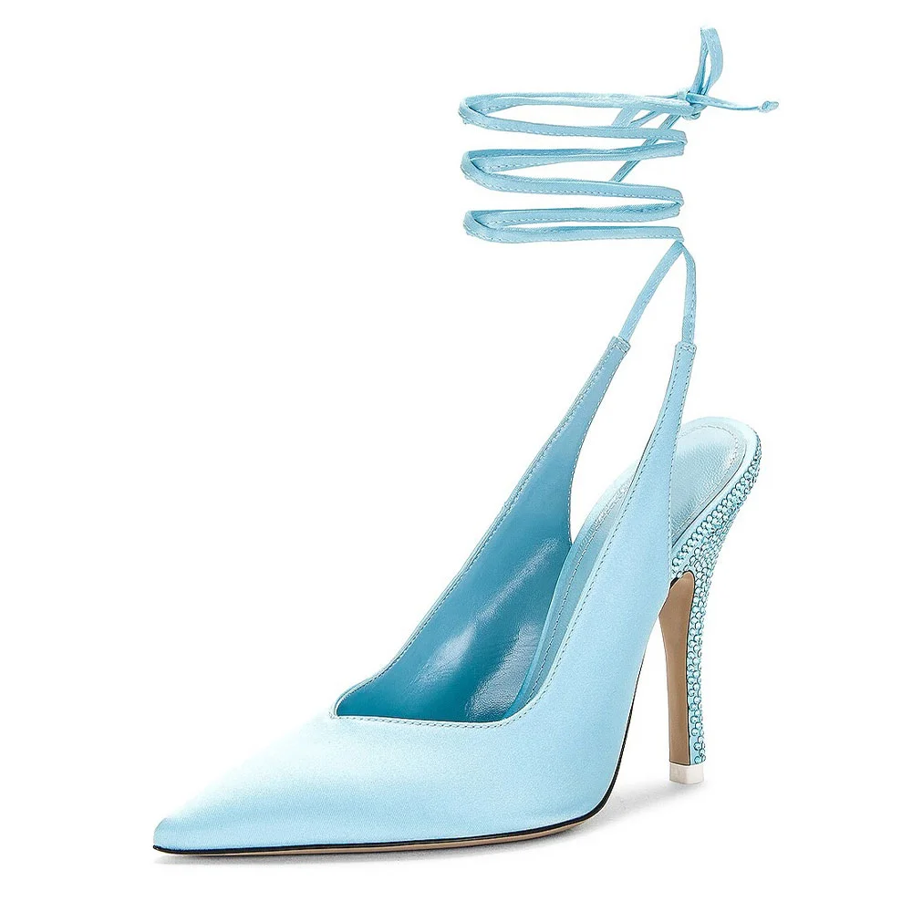 Sky Blue Pointed Toe Stiletto Heel Lace Up Pumps Shoes with Rhinestone