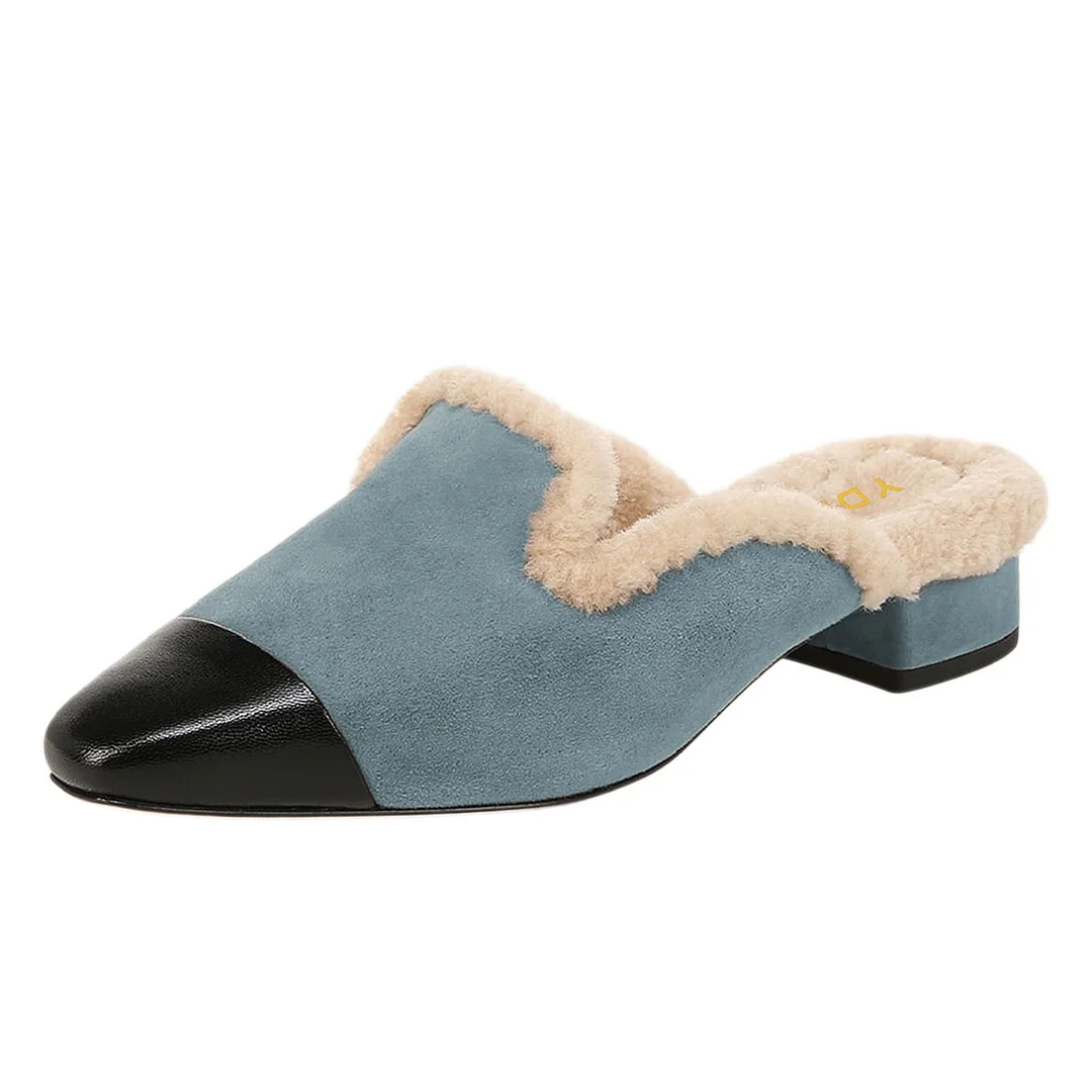 Warm Vegan Suede Cap-Toe Chunky Heel Fur Trim Mules Shoes in Blue
