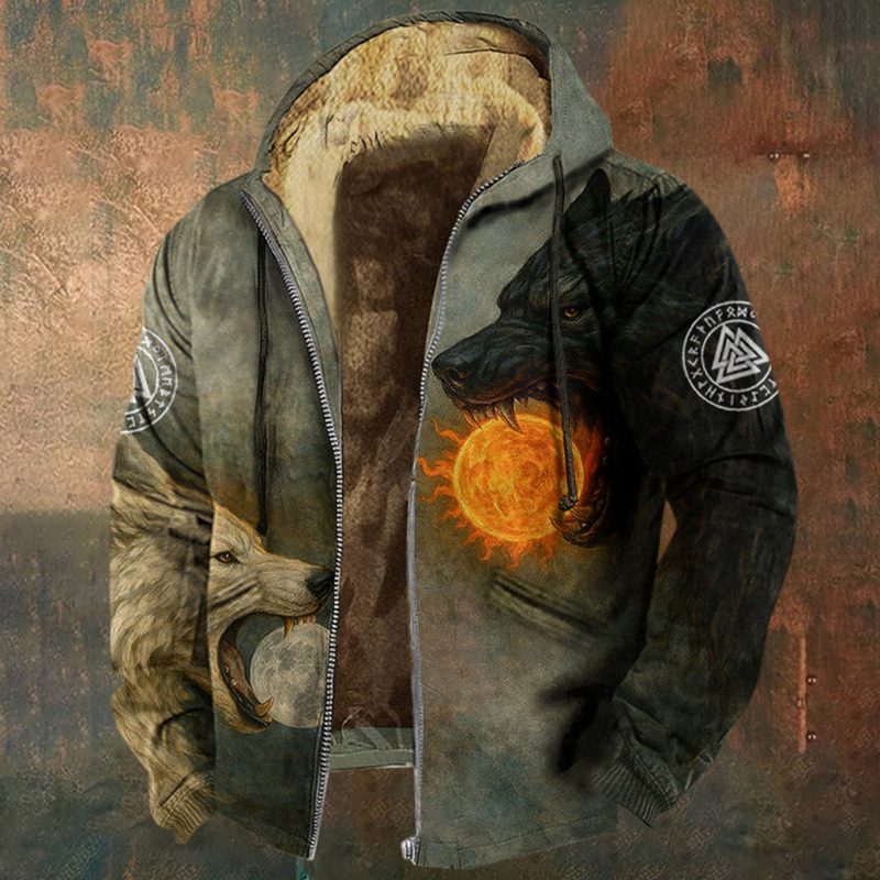 Men's Retro Viking Wolf Pattern Casual Zip-up Jacket elevenforest
