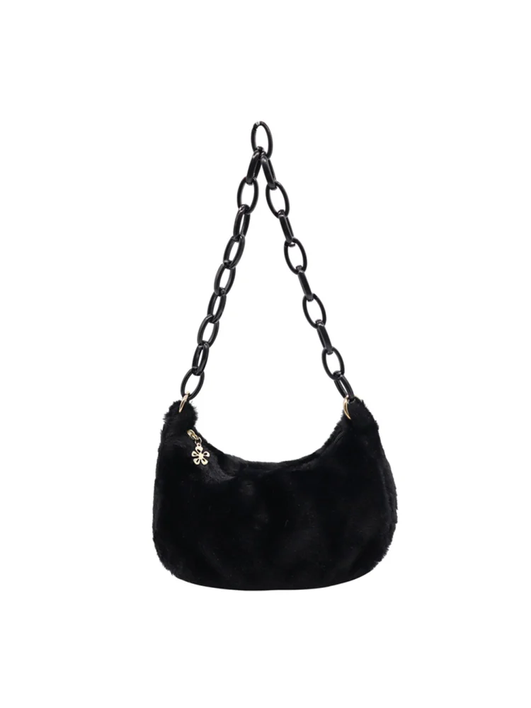 Retro Women Acrylic Chain Plush Underarm Bag Casual Small Handbags (Black)