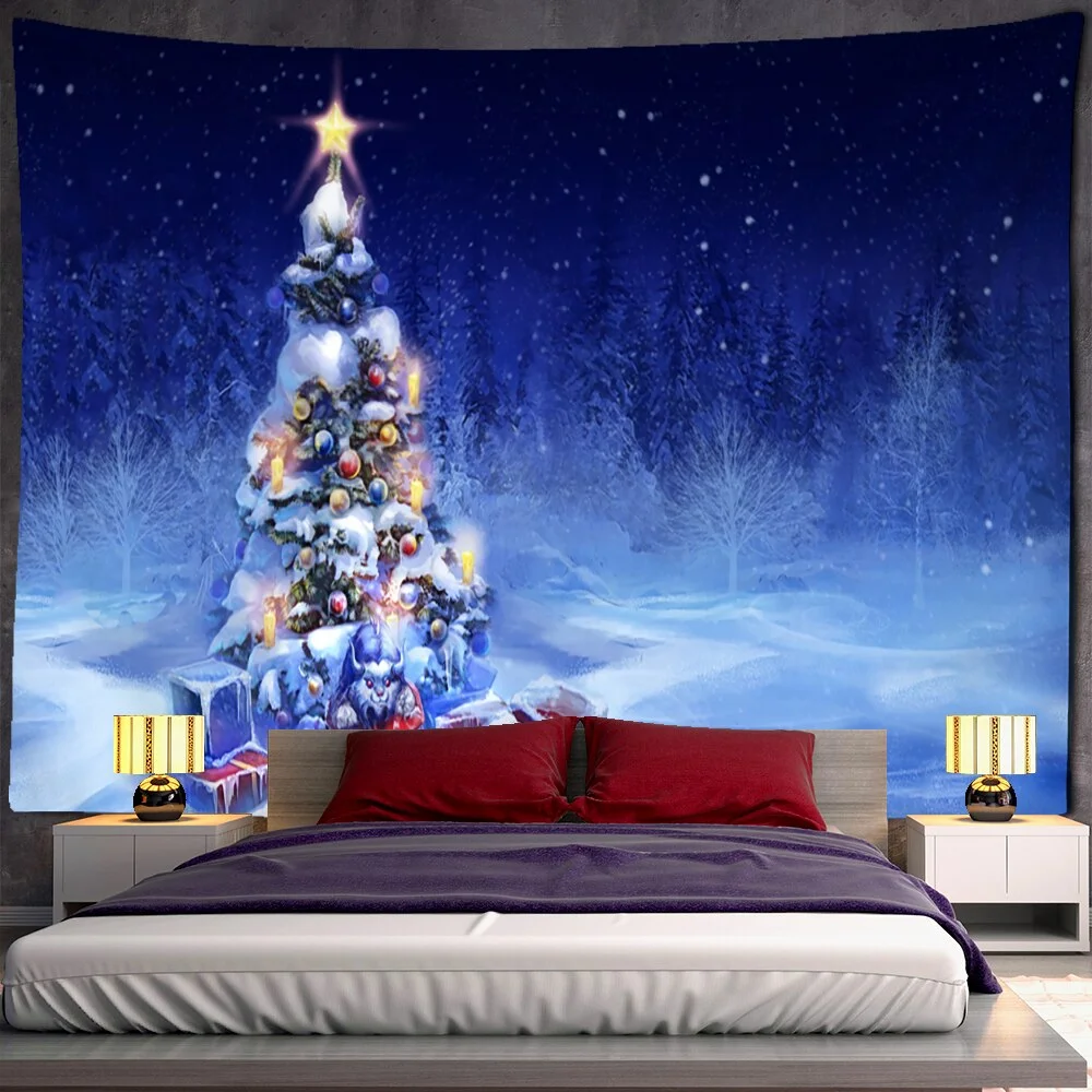 Night View Christmas Tree Tapestry Wall Hanging Holiday New Year Gift Dormitory Background Cloth Bed Curtain Home Decor