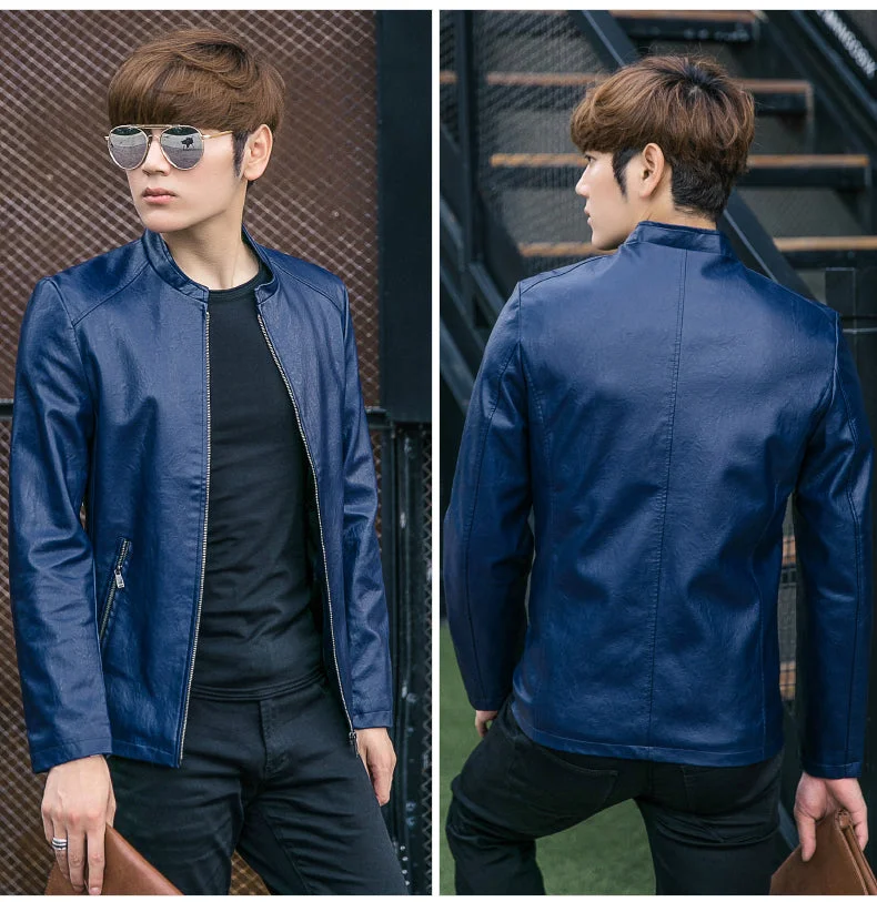 Faux Leather Black Jackets Coat Men Slim Fit Mens Windbreaker Jackets Zipper Pocket Stand Collar British Vintage Outerwear