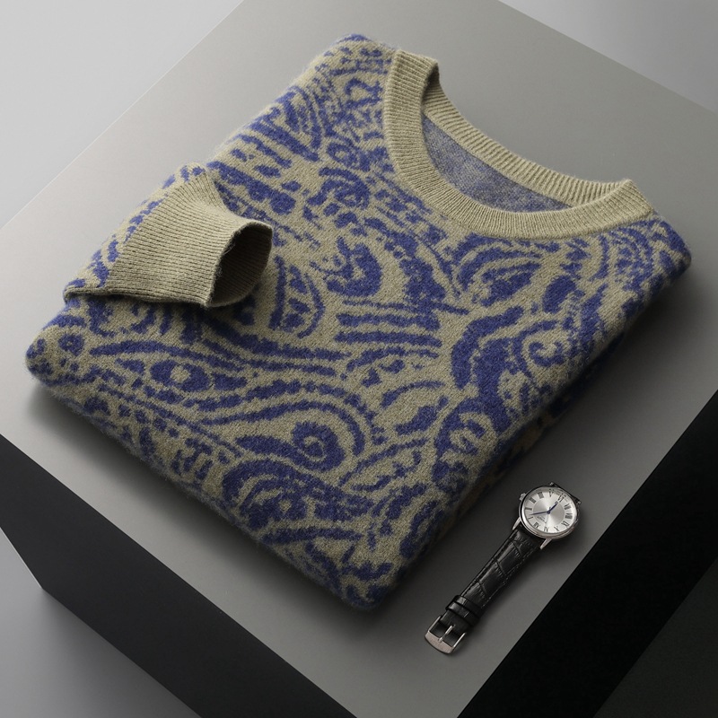 Crew Neck Pattern Wool Sweater For Men REAL SILK LIFE