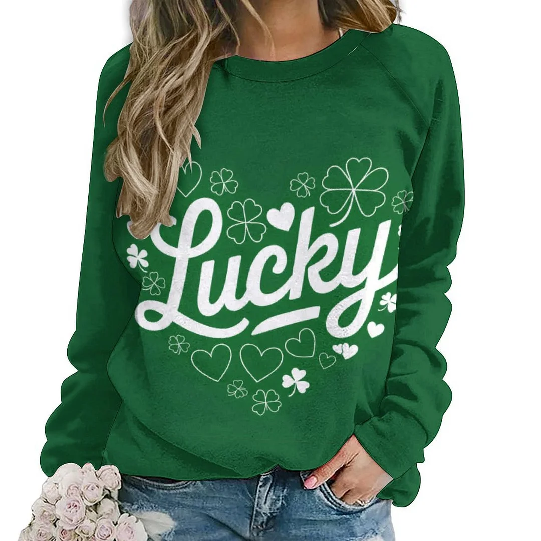 Printed Long Sleeve Casual Sweatshirt for  Women and Men Unisex Pattern St. Patrick's Day, Green, Clover, Lucky
