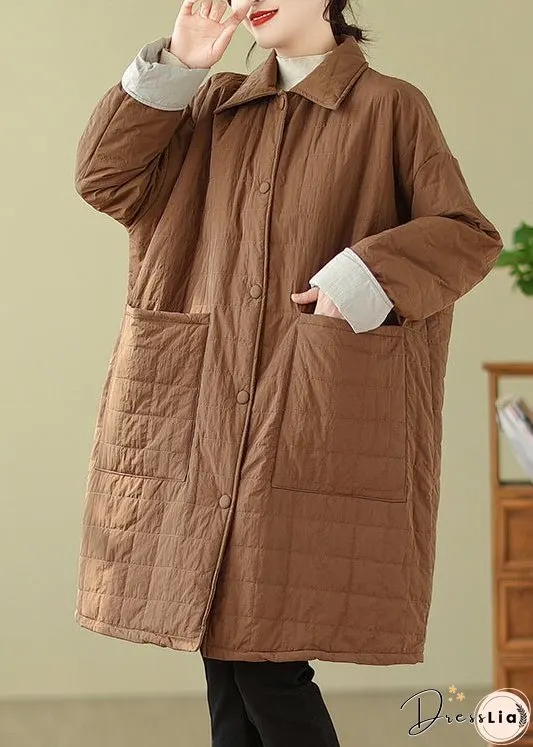Plus Size Coffee Peter Pan Collar Pockets Fine Cotton Filled Coat Winter