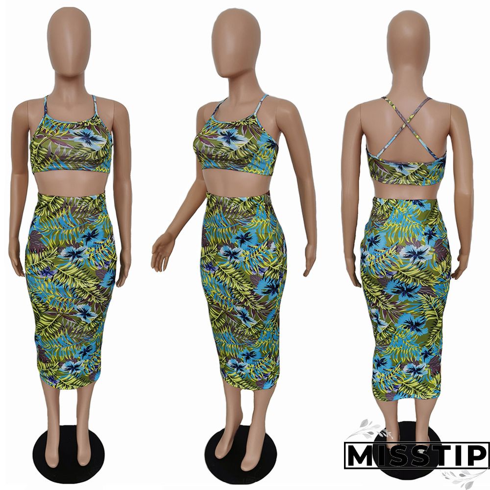 Floral Print Back Cross Tank Top Wrap Hip Skirt Two-piece Set