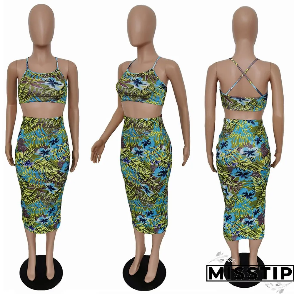 Floral Print Back Cross Tank Top Wrap Hip Skirt Two-piece Set