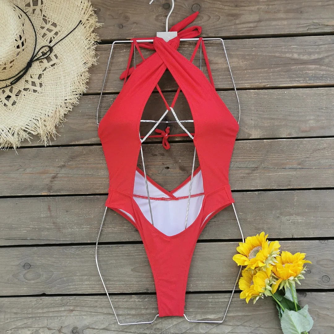 Churchf 2025 New Solid-Color Swimsuit Female Slebs Hollow Cross-Band Export Bikini