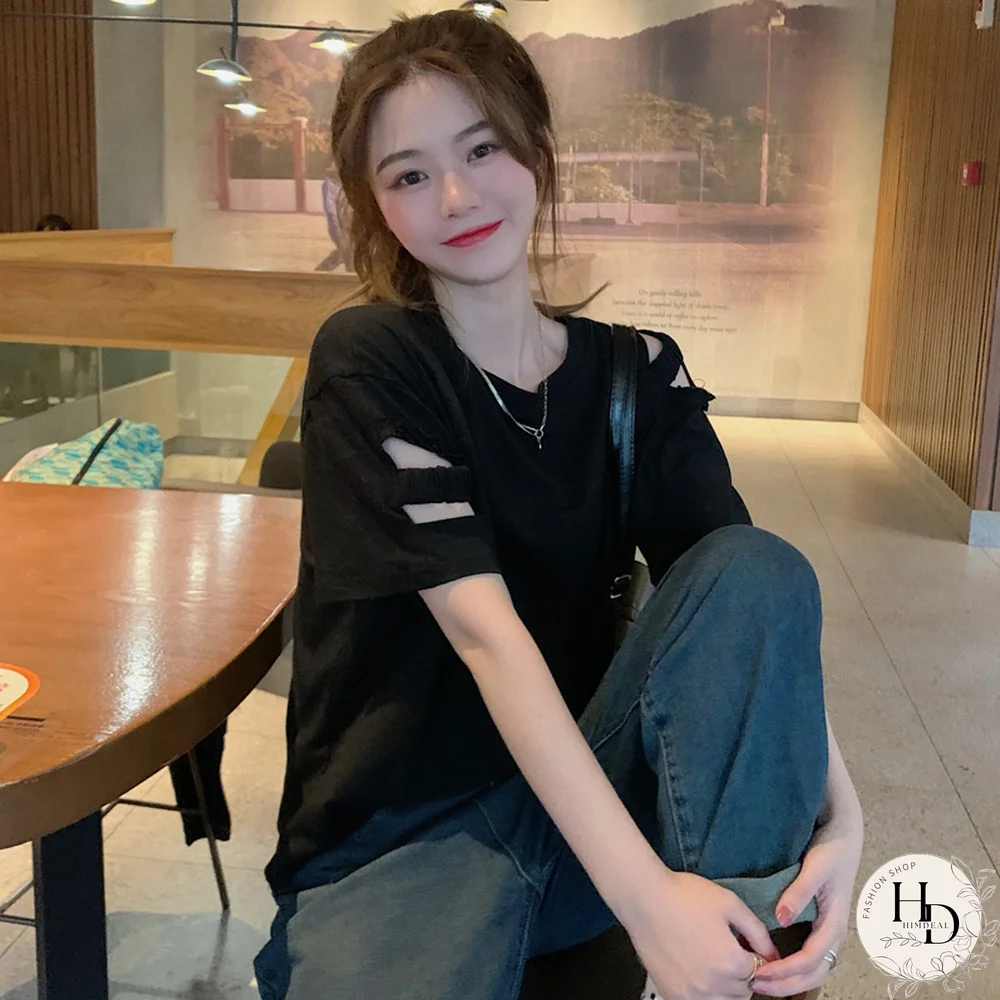 T-Shirts Women Sexy Ladies Tops Hole Harajuku Fashion Loose Summer Ins Korean Style Preppy Vintage Solid Elegant Chic Simple New