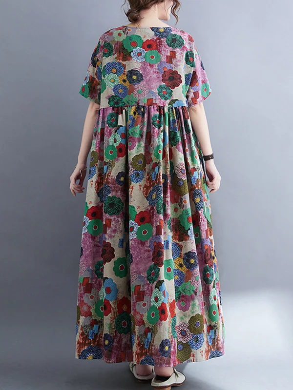 Vintage Loose Floral Printed Midi Dress with Multicolored Charm