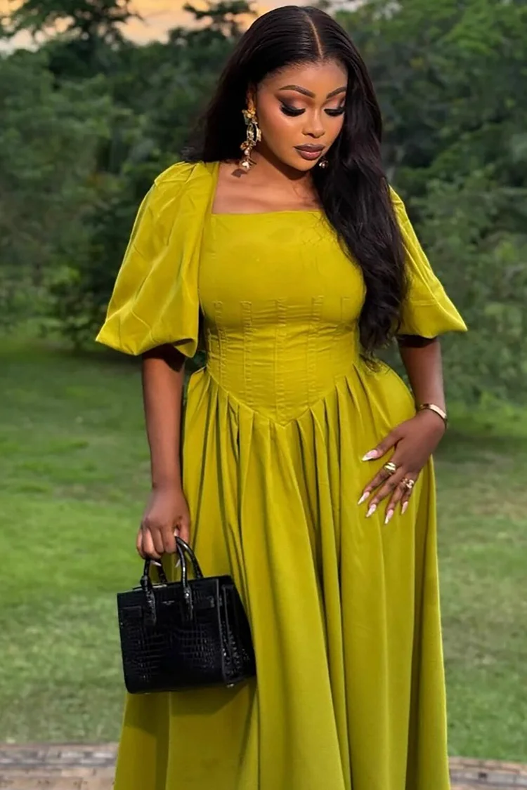 Balloon Sleeve Corset Design Shirred Hem Solid Color Midi Dresses-Green