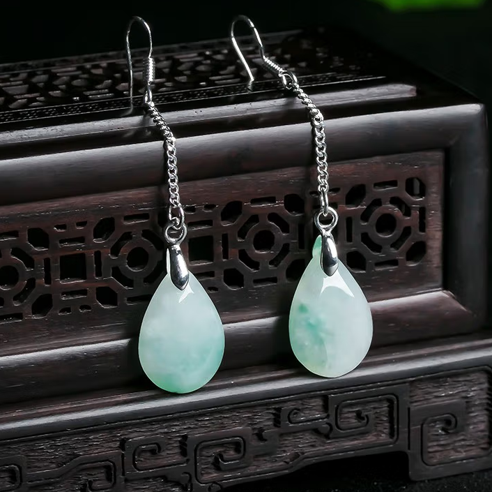 High Standard Jade earrings floating flower drop earrings 925 white ear hook long jade earrings