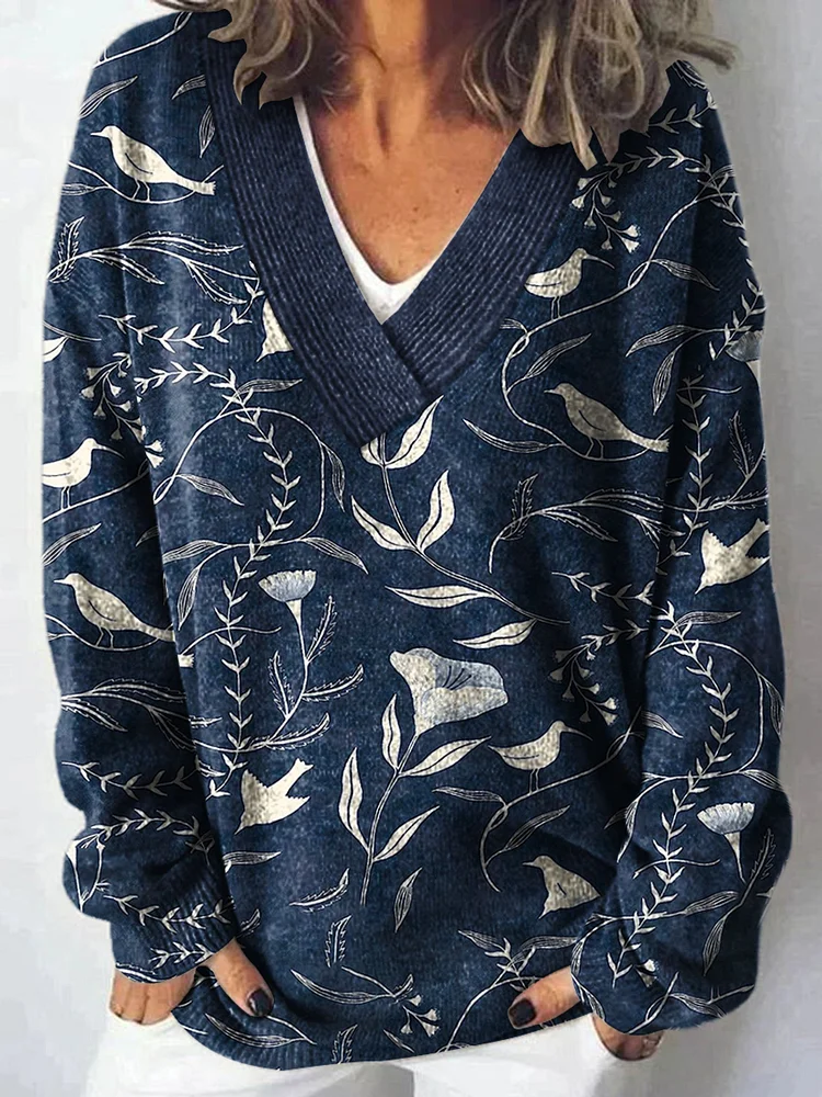 Retro Floral Art  Print Knit V-neck Pullover Sweater