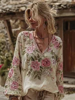Women's Roses Print V-neck Linen Blend T-shirt