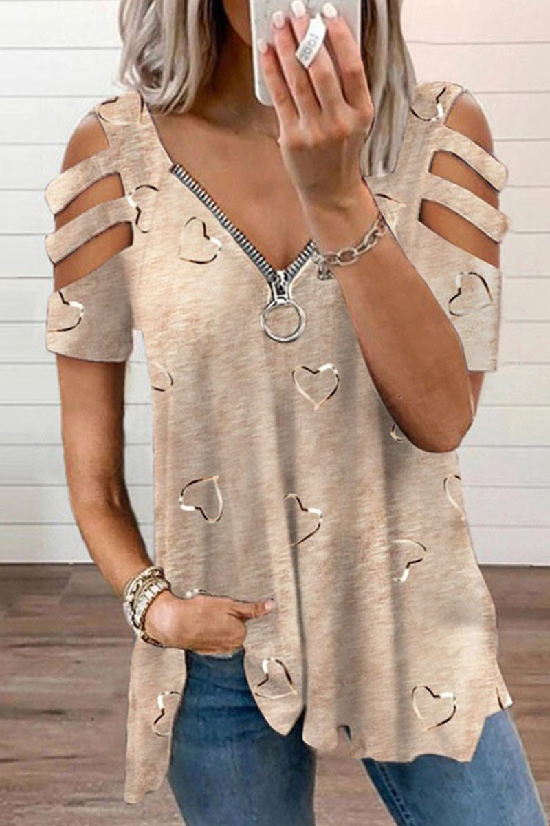 Street Print Hollowed Out Zipper V Neck Tops