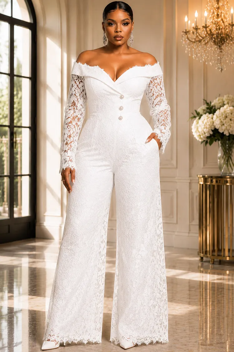 Xpluswear Design Plus Size Formal White Off The Shoulder Long Sleeve Pocket See Through Lace Jumpsuits [Pre-Order] 2024 - Xpluswear