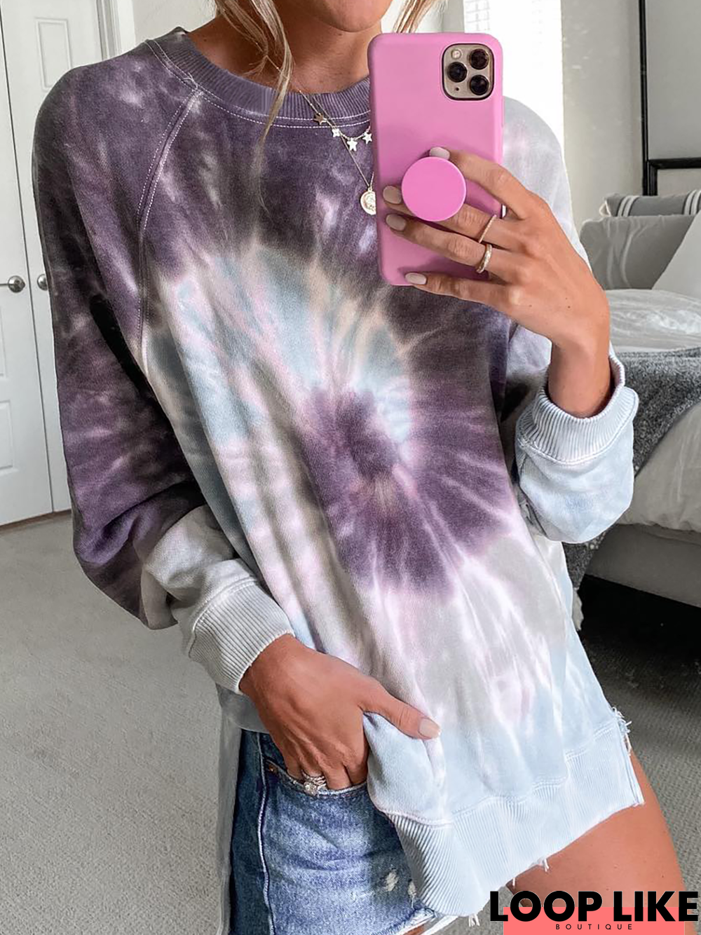 Sports Autumn Tie-Dye Pattern Micro-Elasticity Loose Jersey Best Sell Crew Neck H-Line Sweatshirt for Women