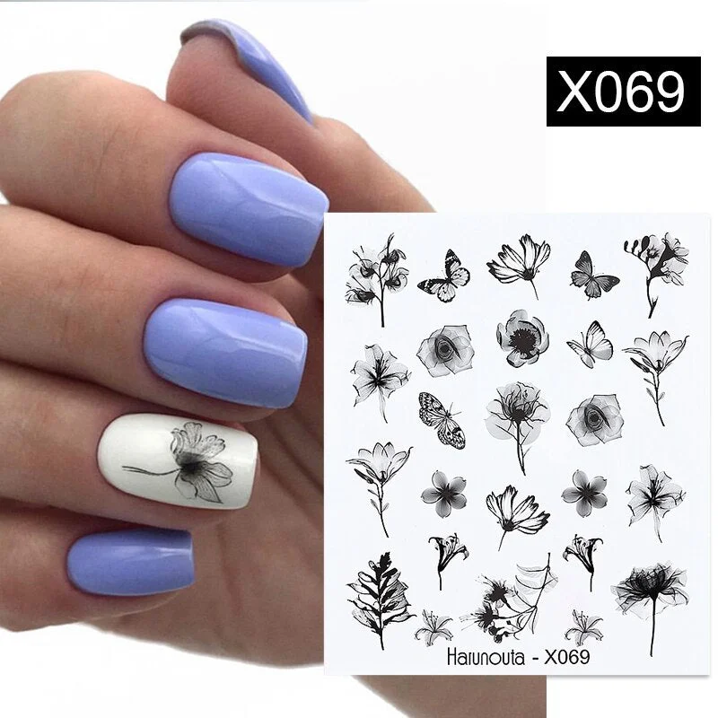 Harunouta Blue Purple Translucent Flower Water Decals Stickers Floral Leaves Transfer Geometric Lines Slider Nail Art Decoration