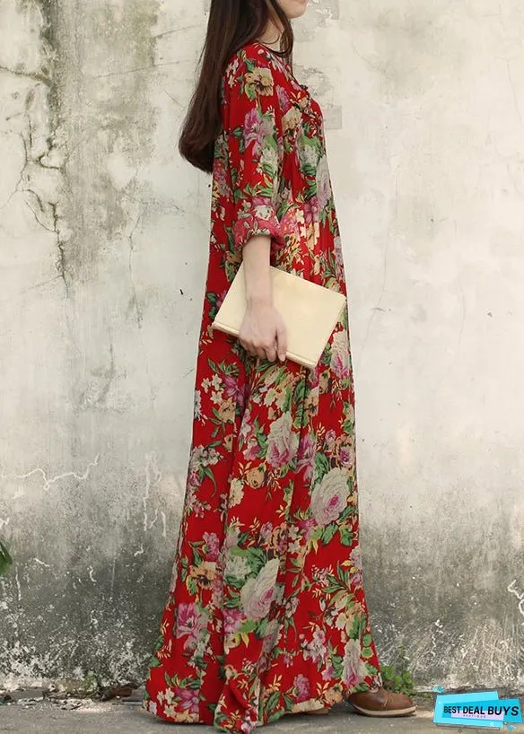 Vintage Dark Red O-Neck Pocket Print Cotton Long Dresses Long Sleeve (Limited Stock)