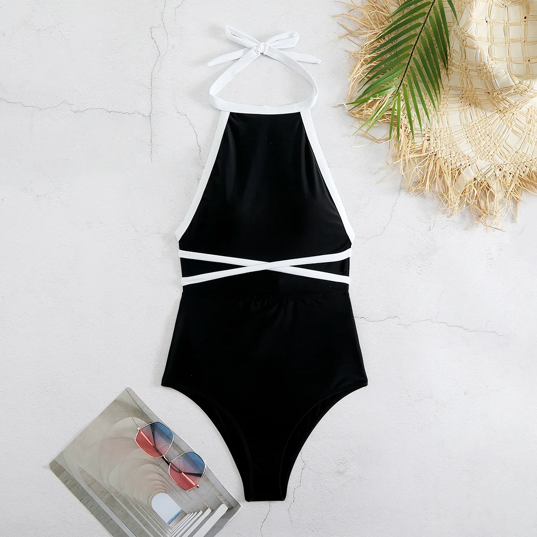 Uveng One-Piece Black And White Swimsuit Women 2025 New Sexy Bare Back Triangle Swimsuit