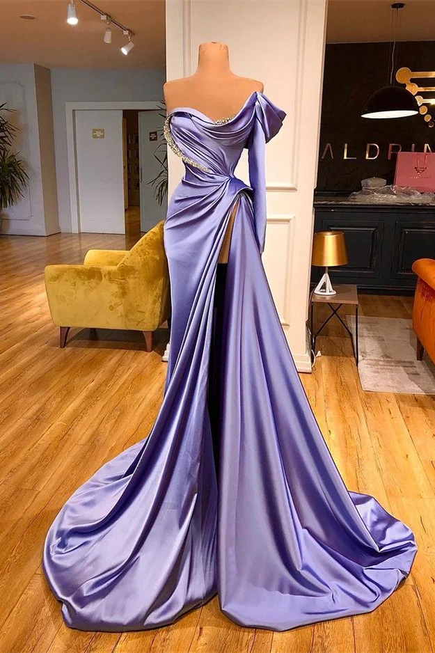 Lvs&Broner One Shoulder Purple Long Sleeve Beading Evening Dress Mermaid With Split 