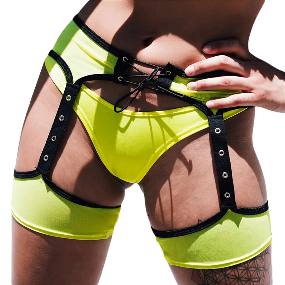 Applyw Women's Garter Belt Patchwork Hollow-Out Tie-Up Open Crotch Garter Sexy Lingerie High Thigh Bands Y2K Streetwear