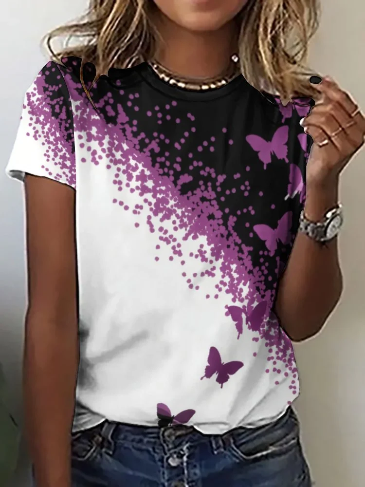 Printed Short Sleeve Casual T-shirt for  Women and Men Unisex Pattern Butterfly, Purple, Black