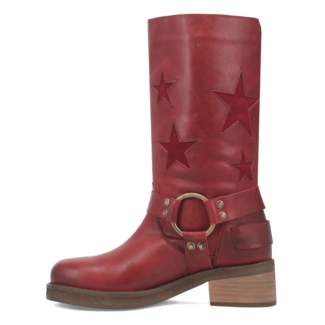 Maroon Vegan Leather Round Toe Star Inlay Studded Buckle Cowgirl Boots