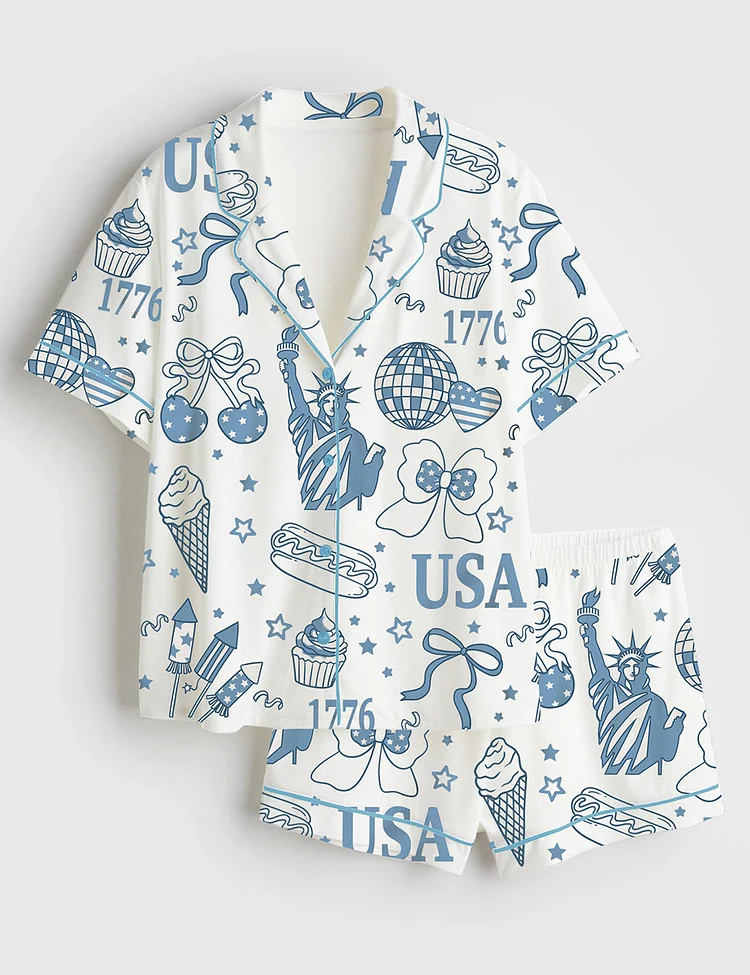 Women&rsquo;s Retro America Coquette Preppy 4th Of July Girly Memorial Day Print Short Sleeve Satin Pajama Set