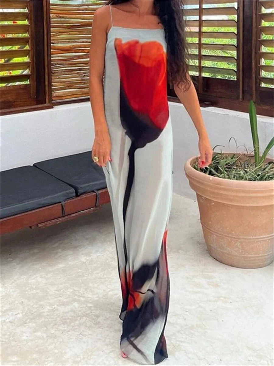 Oocharger See-Through Abstract Floral Print Long Dress Summer Women's Spaghetti Straps Loose Beach Dress Holiday Party Streetwear