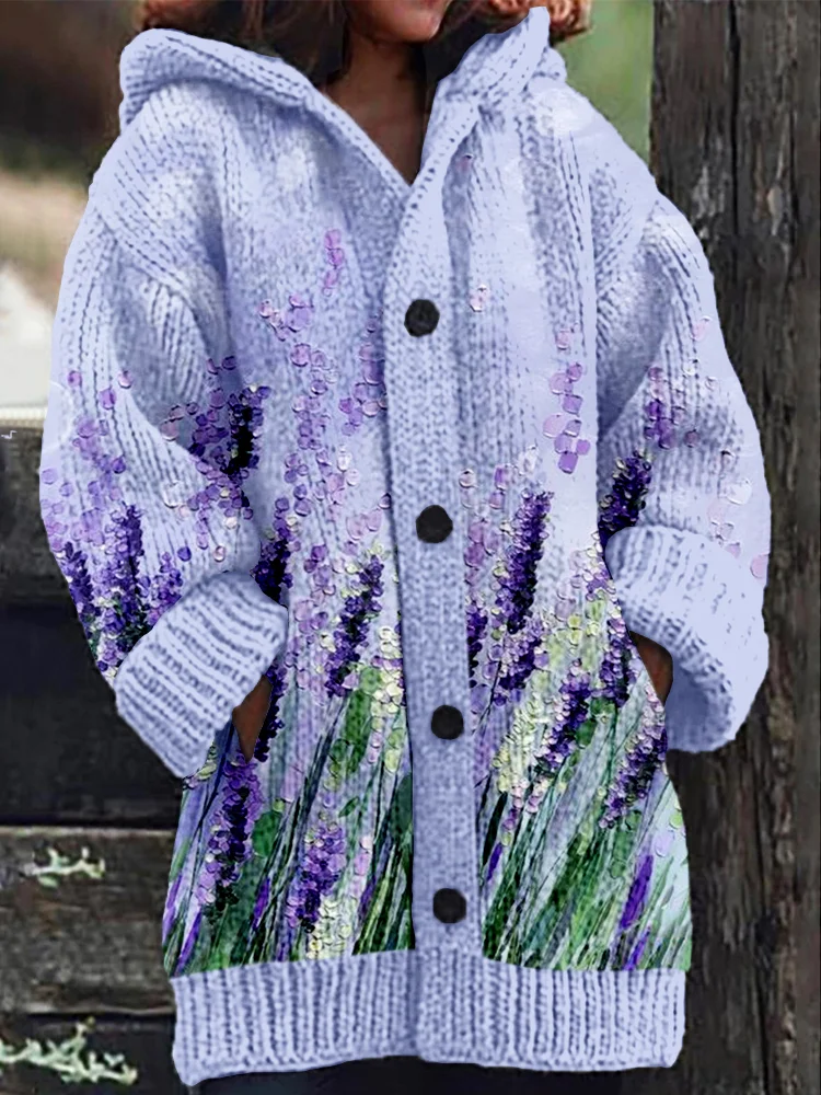 VChics Lavender Painting Art Pattern Cozy Hooded Cardigan