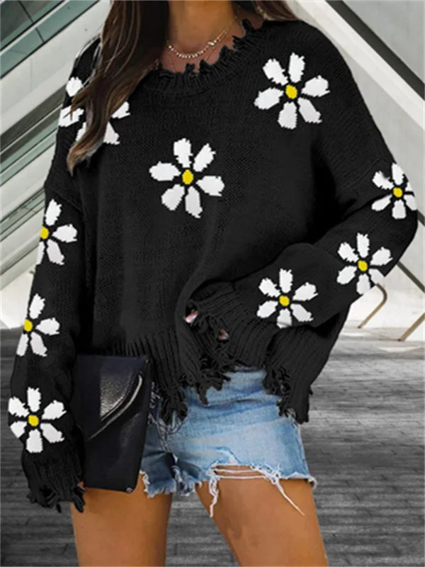 Long Sleeve Fringed Floral Knitted Sweater