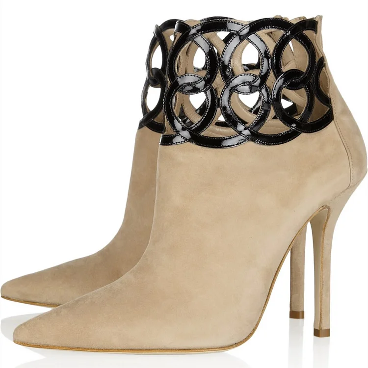Taupe Suede Pointy Toe Stiletto Boots Hollow out Ankle Booties |FSJ Shoes