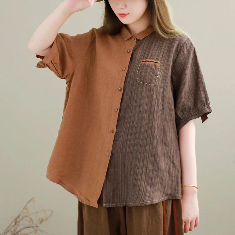 Summer Retro Color Matching Patchwork Linen Blouse